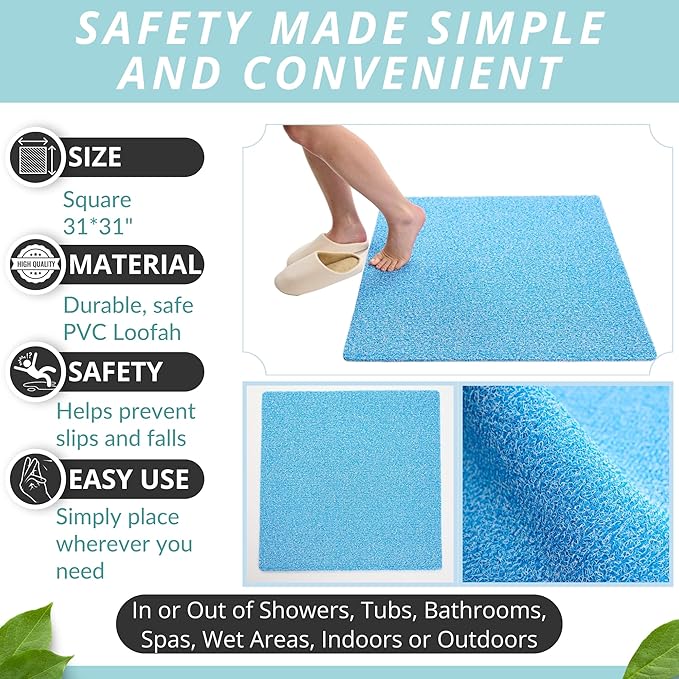 Square Shower Mat - Non Slip Shower Mats for Inside Shower - Extra Large 31x31 Shower Floor Mat Non Slip - Square Bath Mat for Shower - Secure Anti Slip Loofah Shower Bath Ma (31x31 Aqua Blue) - Image 3