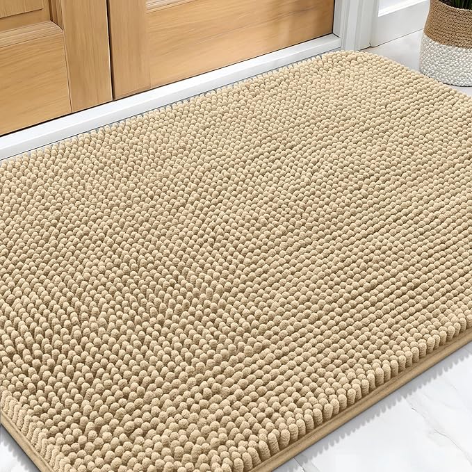 OLANLY Dog Door Mat for Muddy Paws 34x21, Absorbs Moisture and Dirt, Absorbent Non-Slip Washable Doormat, Quick Dry Chenille Mud Mat for Dogs, Entry Indoor Entryway Carpet for Inside Floor, Beige by OLANLY
