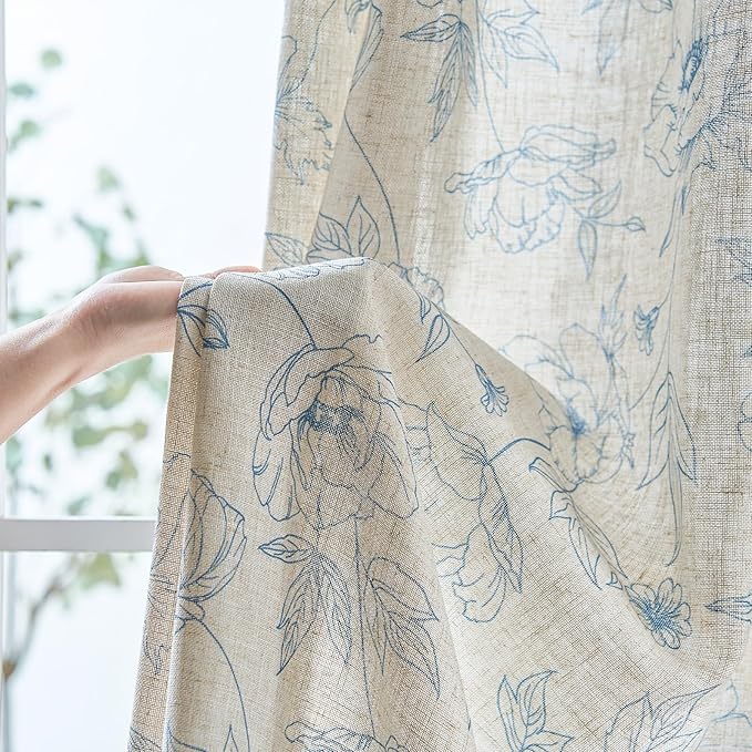 jinchan Floral Linen Curtains for Living Room 84 Inch Length Blue Flower Curtain Rod Pocket Back Tab Farmhouse Curtains with Printed Floral Bedroom Window Curtain Set, 2 Panels Blue - Image 6