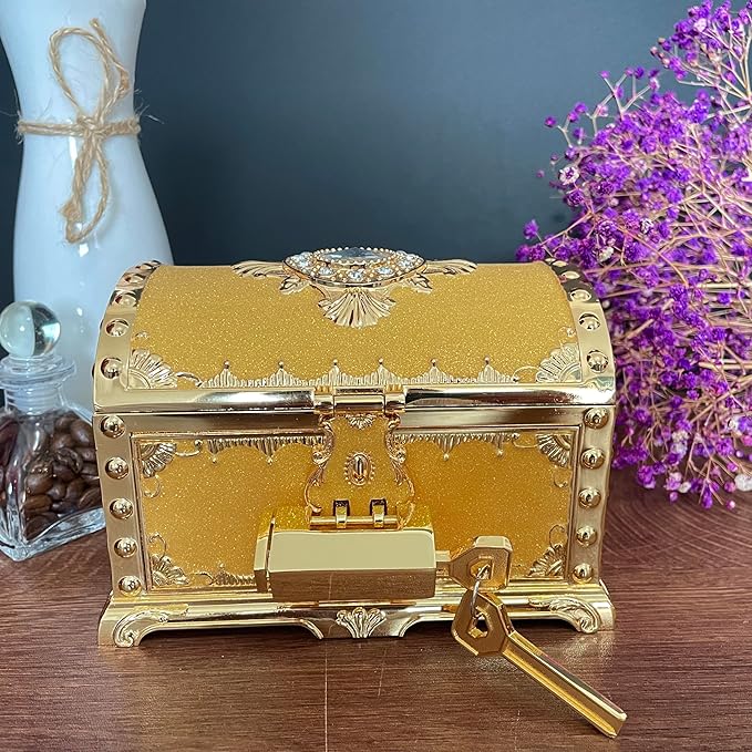 Retro Jewelry Box Arched Vintage Rectangular Metal Chest Necklace Ring Earrings Storage Case for Women Girls (Golden Starlight Yellow, L Lock) - Image 2