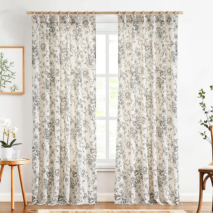 jinchan Pinch Pleated Curtains Floral Linen Blend Curtains for Living Room 96 Inches Length Black Peony Flower Printed Curtain Rod Pocket Back Tab Farmhouse Pinch Pleat Drapes with Hooks Set 2 Panels - Image 2