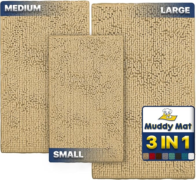 Muddy Mat® Pack of 3 Highly Absorbent Microfiber Dog Door Mat and Pet Rug, Non Slip Thick Washable Area Mat Soft Chenille for Kitchen Bathroom Bedroom and Outdoor - Beige Small, Medium & Large by MuddyMat%C2%AE