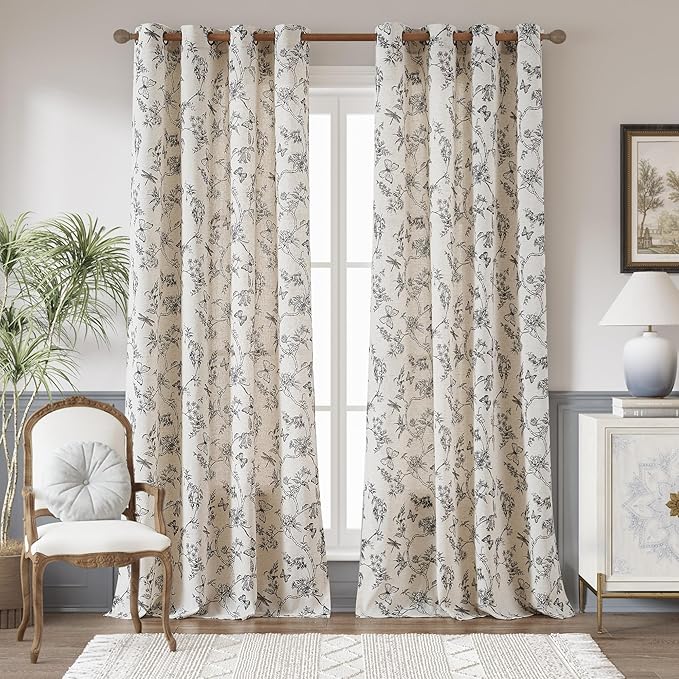 jinchan Floral Linen Curtains for Living Room 96 Inch Length Butterfly Curtain Black Floral Curtains French Country Farmhouse Curtain Flower Patterned Drapes Window Treatment Set 2 Panels by JINCHAN