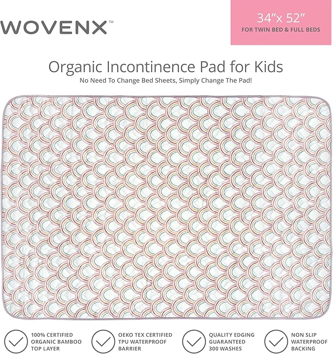 Organic Incontinence Pads for Kids & Toddlers - 5 Layer Waterproof Protectors for Overnight Bed Wetting - Reusable & Washable Pee Pads - Fits Twin to Full Size Beds - 34" x 52" Rainbow - Image 5