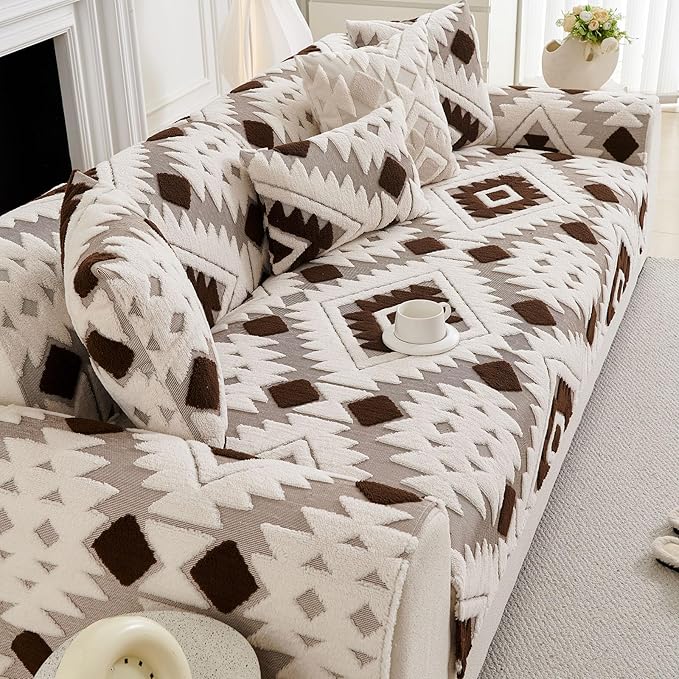 Boho Plush Couch Covers for Sofa Washable, Fuzzy Soft Couch Cover for Sectional Sofa, Non Slip Jacquard Sofa Cover Furniture Protector for Kids, Pets (Dark Coffee,43"x82") - Image 4