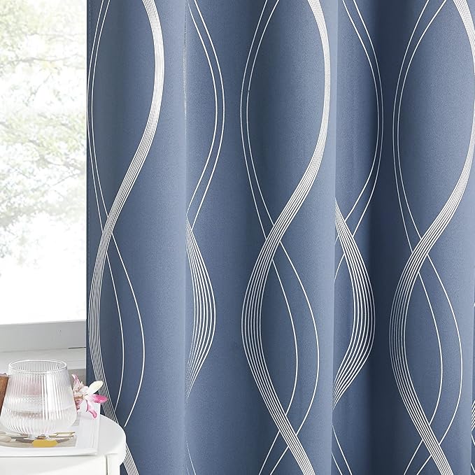 NICETOWN Kitchen Blackout Curtain Panels, Stone Blue, Set of 2, 42" by 40", Window Treatment Thermal Insulated Blackout Wave Line Foil Print Design Curtains for Kitchen, Cafe, Loft by NICETOWN