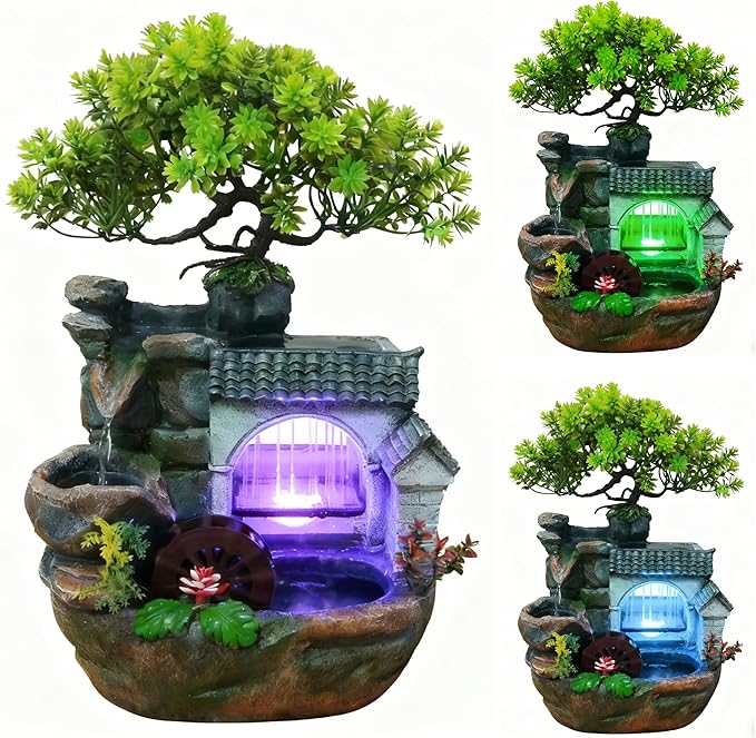 11" Desktop Fountain Rock Waterfall Humidifier with Artificial Tree &LED Light, Tabletop Water Fountains Indoor Fake Plant Bonsai Tree Feng Shui Decoration for Aquariums Office Bedroom Home Décor by kunghei