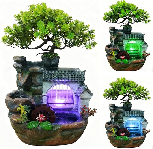 11" Desktop Fountain Rock Waterfall Humidifier with Artificial Tree &LED Light, Tabletop Water Fountains Indoor Fake Plant Bonsai Tree Feng Shui Decoration for Aquariums Office Bedroom Home Décor by kunghei