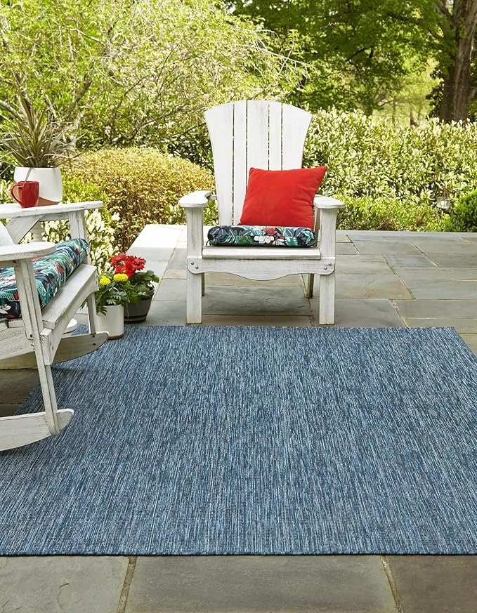 Unique Loom Collection Casual Transitional Solid Heathered Indoor/Outdoor Flatweave Area Rug (5' 1" Square, Blue/Navy Blue) - Image 2