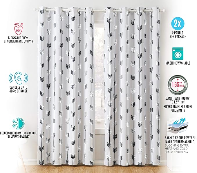 HLC.ME Arrow Printed Privacy Blackout Energy Efficient Room Darkening Thermal Grommet Window Curtain Drape Panels for Kids Bedroom - Set of 2 - Platinum White/Navy Blue - 63" inch Long - Image 5