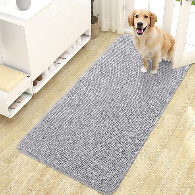OLANLY Dog Door Mat for Muddy Paws 47x24, Absorbs Moisture and Dirt, Absorbent Non-Slip Washable Doormat, Quick Dry Chenille Mud Mat for Dogs, Entry Indoor Entryway Carpet for Inside Floor, Light Grey by OLANLY