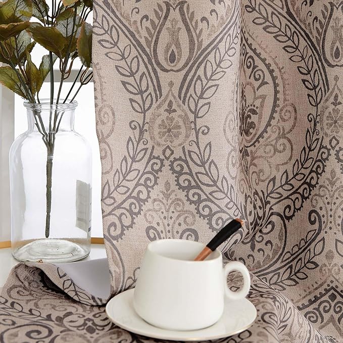 Vangao Damask Curtains Grey Curtains Paisley Medallion Print for Bedroom Living Room Darkening Drapes Vintage Linen Textured 96 Inch Window Treatment 2 Panels Grey on Beige - Image 8