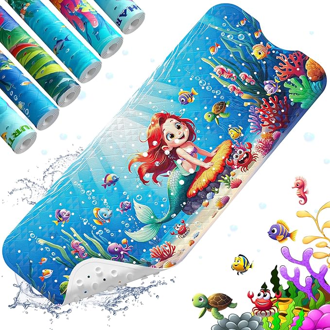 XIYUNTE Baby Bath Mat for Tub Non Slip Kids Bath Mat - 40''x16'' Extra Long Cartoon Bathtub Mat Non Slip Kids Shower Mat Eco-Friendly Toddler Bath Mats with Suction Cups, Machine Washable, Mermaid by XIYUNTE