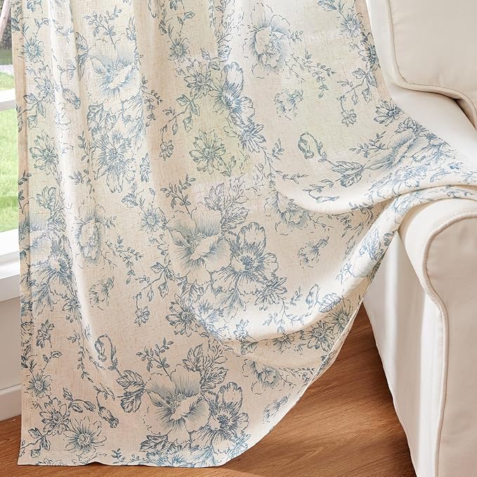 jinchan Linen Blend Curtain Floral Curtains for Living Room 90 Inch Length Blue Printed Curtain Rod Pocket Back Tab Farmhouse Peony Flower Patterned Drapes Bedroom Window Curtains Set 2 Panels - Image 5