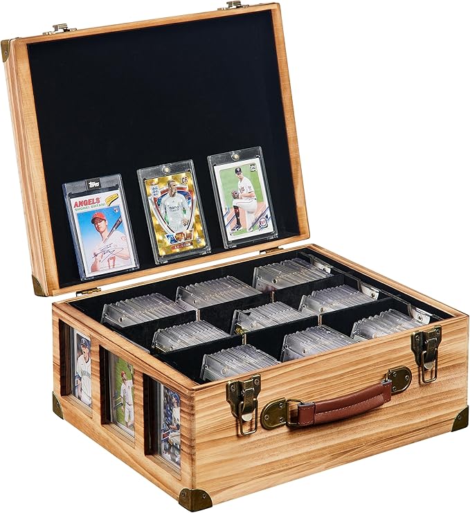 Graded Card Storage Box with Display Window, Wood Card Case for 140+ Cards PSA BGS FGS & SGC, Sports Cards Trading Cards, Graded Card Slab Carrying Case, Christmas Gifts (Carbonized Brown) by Poyilooo