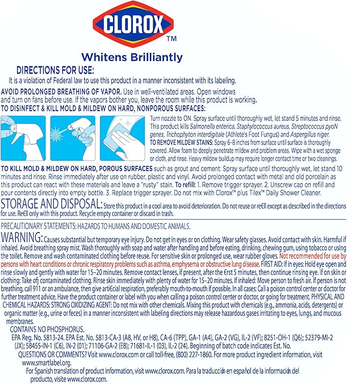 Clorox Plus Tilex Mold and Mildew Remover with Bleach, Spray Bottle, 32 Fluid Ounces, Unscented, Pack of 3 - Image 8