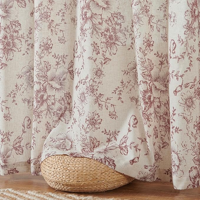 jinchan Linen Blend Curtain Floral Curtains for Living Room 96 Inch Length Farmhouse Brick Red Printed Curtain Rod Pocket Back Tab Peony Flower Patterned Drapes Curtains Set 2 Panels - Image 5