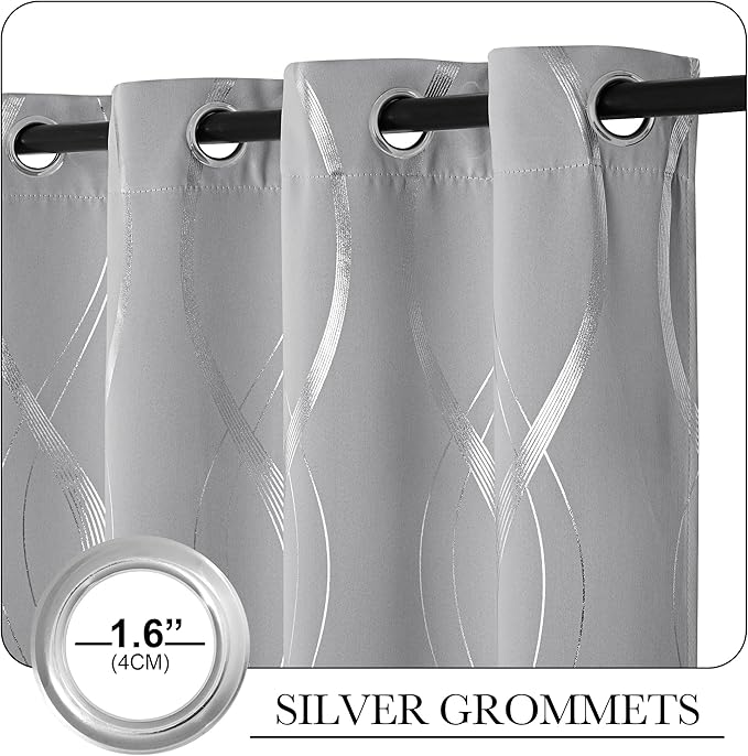 NICETOWN Kitchen Blackout Curtain Panels, Silver Grey, Set of 2, 42 by 48 Inch, Window Treatment Thermal Insulated Solid Grommet Blackout Wave Line Foil Print Design Curtains for Kitchen, Cafe, Loft - Image 3
