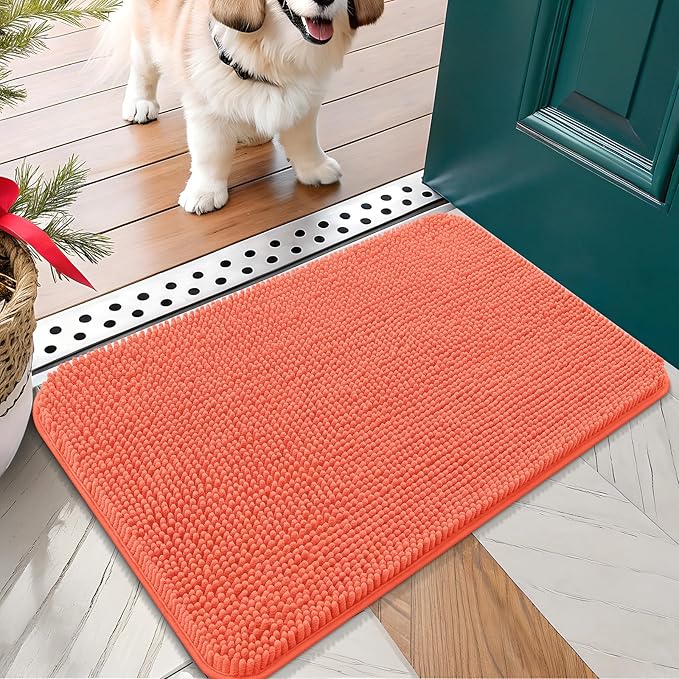 OLANLY Dog Door Mat for Muddy Paws 24x16, Absorbs Moisture and Dirt, Absorbent Non-Slip Washable Doormat, Quick Dry Chenille Mud Mat for Dogs, Entry Indoor Entryway Carpet for Inside Floor, Coral by OLANLY