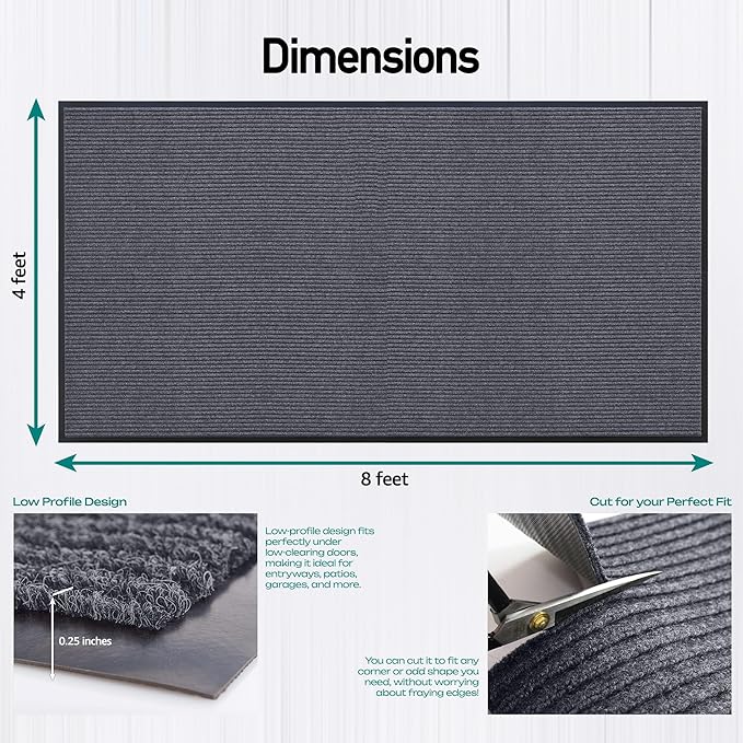 MaxMat® 4x8 Outdoor Rug, Extra Large Entryway Mat - Heavy Duty Doormat, Waterproof, Low-Profile, Easy to Clean, Rubber Floor Mat (4 x 8 Feet, Grey, MXM-RIB0048GY) - Image 2