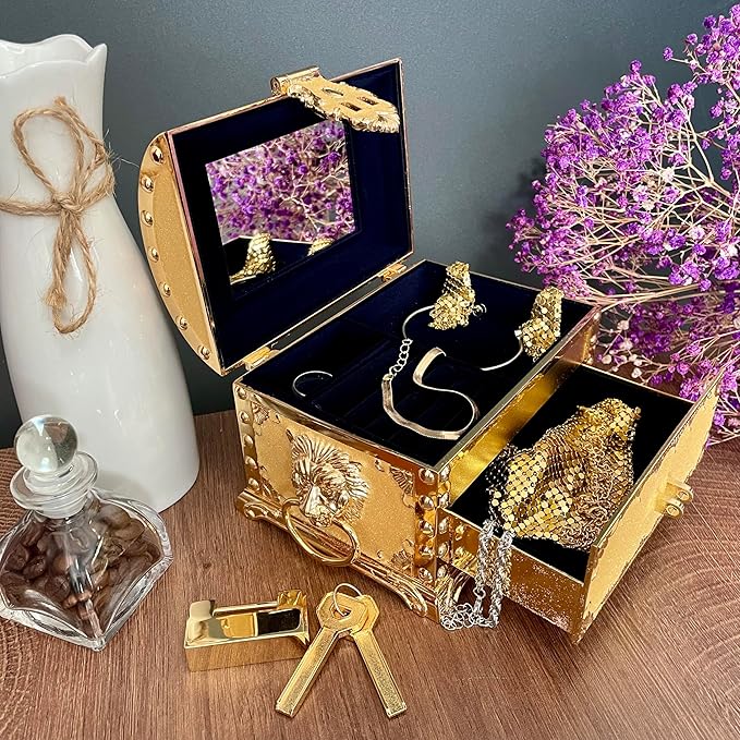 Retro Jewelry Box Arched Vintage Rectangular Metal Chest Necklace Ring Earrings Storage Case for Women Girls (Golden Starlight Yellow, L Lock) - Image 4