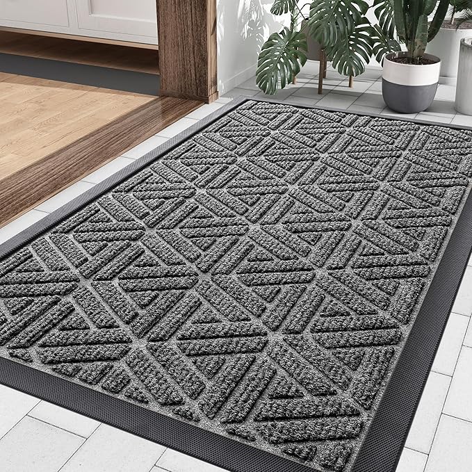 Smiry Front Door Mat Outside Entrance, Heavy Duty Sturdy Natural Rubber Doormat, Trap Dirt and Moisture, Easy Clean Low Profile Mats for Indoor Outdoor Entry, Grid Geometric (29.5x17, Silver Grey) by Smiry