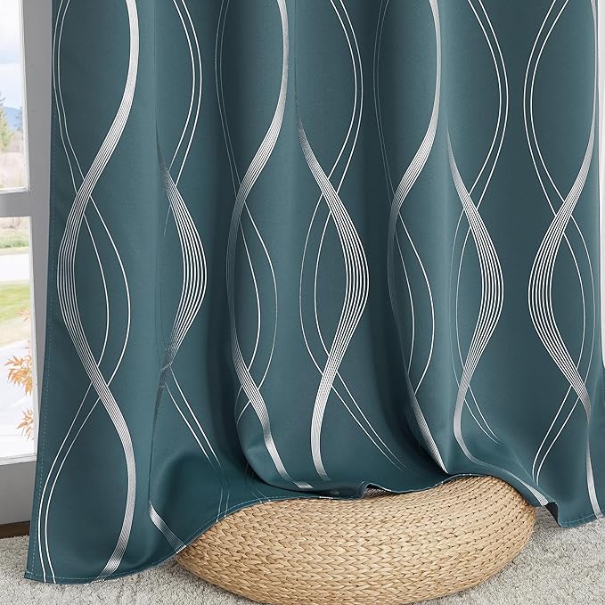 NICETOWN 100% Blackout Curtains Panels for Living Room, Greyish Blue, 52" Wide x 63" Long, 2 Panels, Sound Reducing Thermal Insulated Wave Line Foil Print Design Curtains for Patio Sliding Glass Door - Image 7