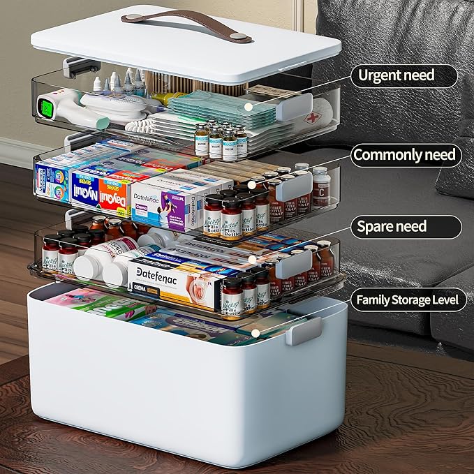 CTIME 4-Tier XL Medicine Organizer - Portable Medicine Cabinet with Leather Handle, Empty First Aid Kit for Home Organization Must, School, Dormitory, Travel, RV, Dorm, Ideal Elderly Gift - Image 2