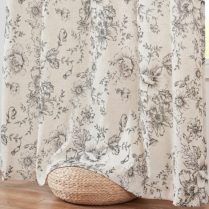 jinchan Pinch Pleated Curtains Floral Linen Blend Curtains for Living Room 63 Inch Length Black Peony Flower Printed Curtain Rod Pocket Back Tab Farmhouse Pinch Pleat Drapes with Hooks Set 2 Panels - Image 4