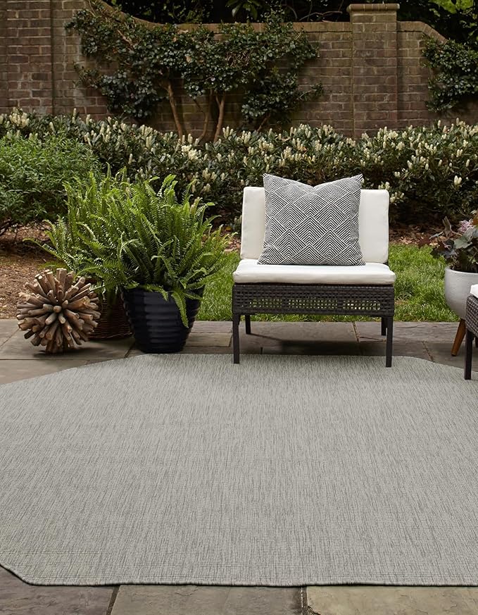 Unique Loom Collection Casual Transitional Solid Heathered Indoor/Outdoor Flatweave Area Rug (5' 1" Octagon, Light Gray/Ivory) - Image 3