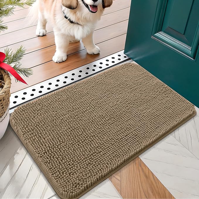 OLANLY Dog Door Mat for Muddy Paws 24x16, Absorbs Moisture and Dirt, Absorbent Non-Slip Washable Doormat, Quick Dry Chenille Mud Mat for Dogs, Entry Indoor Entryway Carpet for Inside Floor, Tan by OLANLY