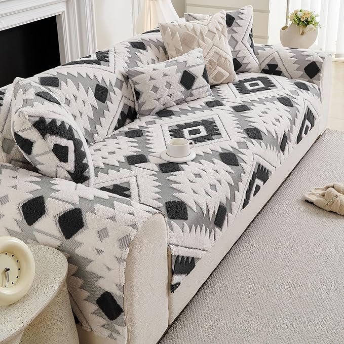 Boho Plush Couch Covers for Sofa Washable, Fuzzy Soft Couch Cover for Sectional Sofa, Non Slip Jacquard Sofa Cover Furniture Protector for Kids, Pets (Dark Grey,43"x63") - Image 5