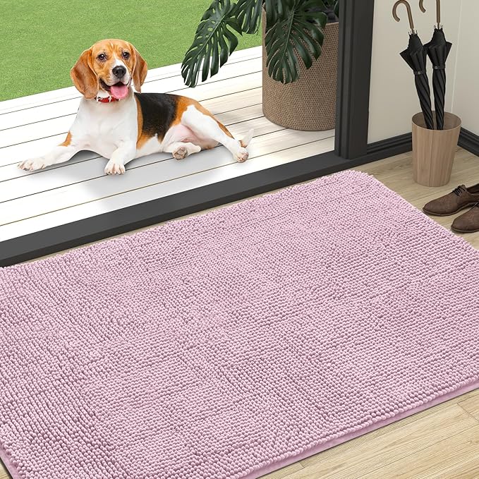 OLANLY Dog Door Mat for Muddy Paws 47x32, Absorbs Moisture and Dirt, Absorbent Non-Slip Washable Doormat, Quick Dry Chenille Mud Mat for Dogs, Entry Indoor Entryway Carpet for Inside Floor, Dusty Rose by OLANLY