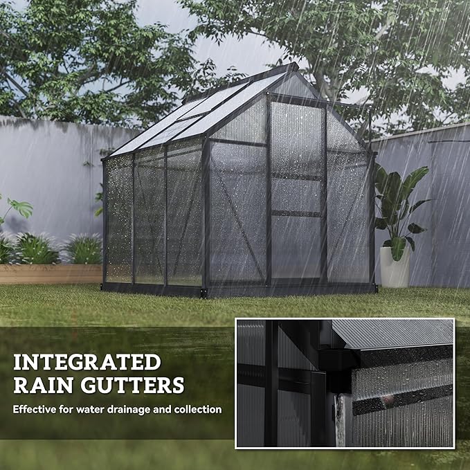 Outsunny 6' x 6' Greenhouse for Outdoors, Polycarbonate Greenhouse with Rain Gutter and Roof Vent, Aluminum Walk-in Green Houses for Outside for Patio Backyard Garden, Gray - Image 6