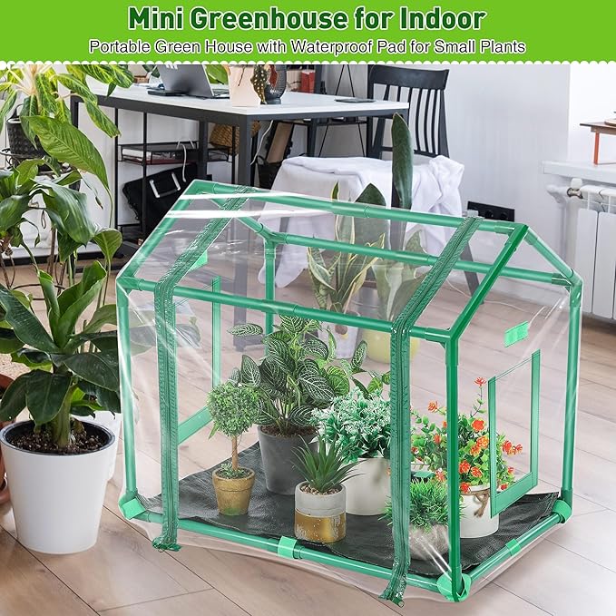 Mini Greenhouse with Potting Mat for Indoor Plant, Heavy Duty Portable Green House with Waterproof Pot Pad for Small Plants, Clear Small Plant Tent for Seed Humidity (Green) - Image 5