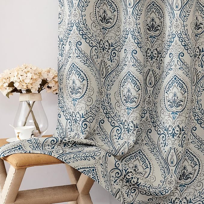Vangao Vintage Damask Blue Curtains 63 Inch Long Blackout Curtains Linen Textured Floral Paisley Medallion Print for Bedroom Living Room Darkening Drapes Retro Window Treatment 2 Panels Navy on Beige - Image 8