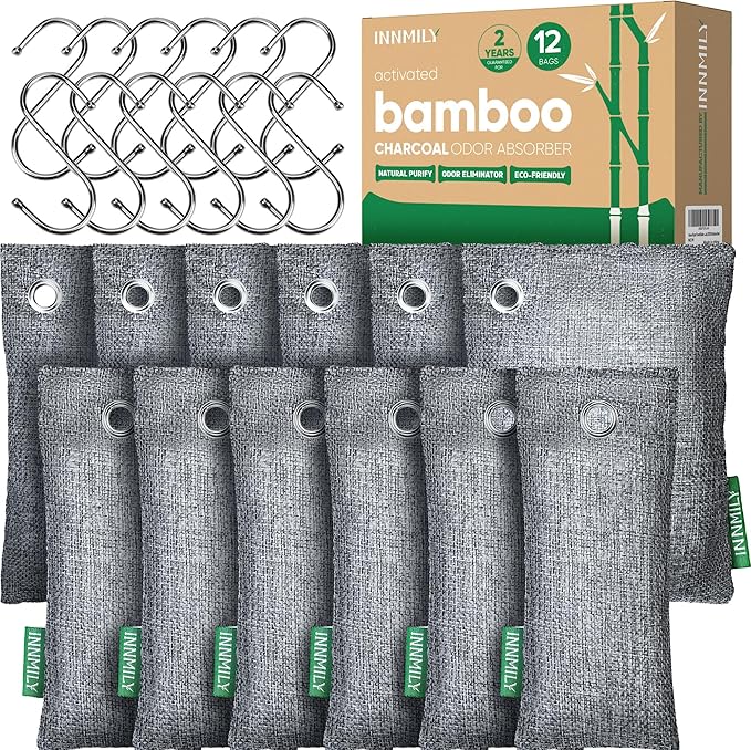 Activated Charcoal Odor Absorber,Large 12 Pack w Hooks Nature Odor Eliminator for Strong Odor, Bamboo Charcoal Air Purifying Bags,Moisture Absorbers for Fresh Home Car Closet Pet,Smoke Room Deodorizer by Innmily