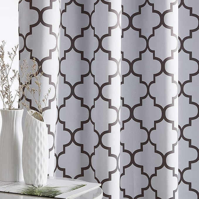 HLC.ME Lattice Print Decorative Curtains Blackout 54 Length - Thermal Insulated Room Darkening Grommet Window Drapes Panels for Basement Windows - Platinum White & Grey - Set of 2-52 x 54 Inch - Image 4