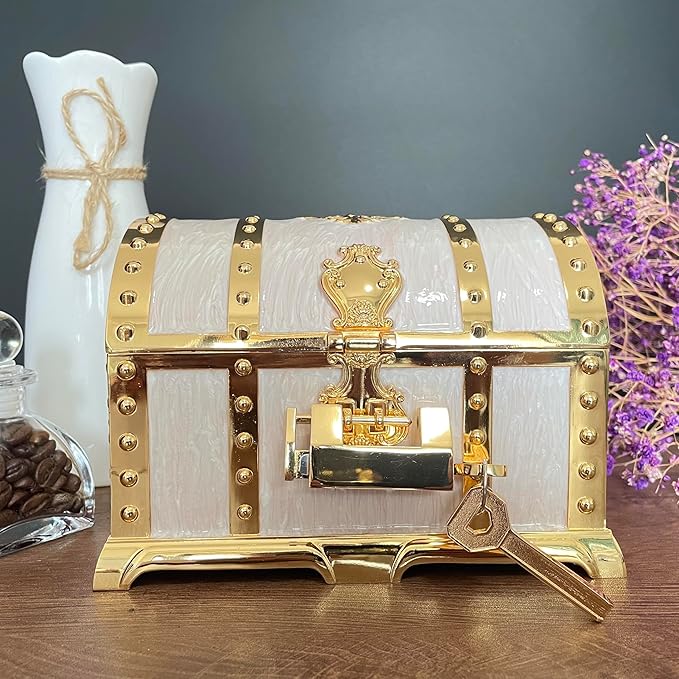 Large Double-layer Retro Metal Jewelry Chest, Pirate-style Lion Head Relief Treasure Box With Lock Women's Jewelry Storage (Oil Painting White Golden) - Image 2