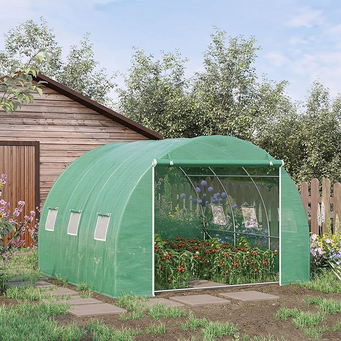 Walk-in Hoop Greenhouse for Tropical Plants, 10’x10’x6.5’ High Peak Design with PE Cover & Zippered Vents to Control Humidity & Heat, Green Steel Frame - Image 2
