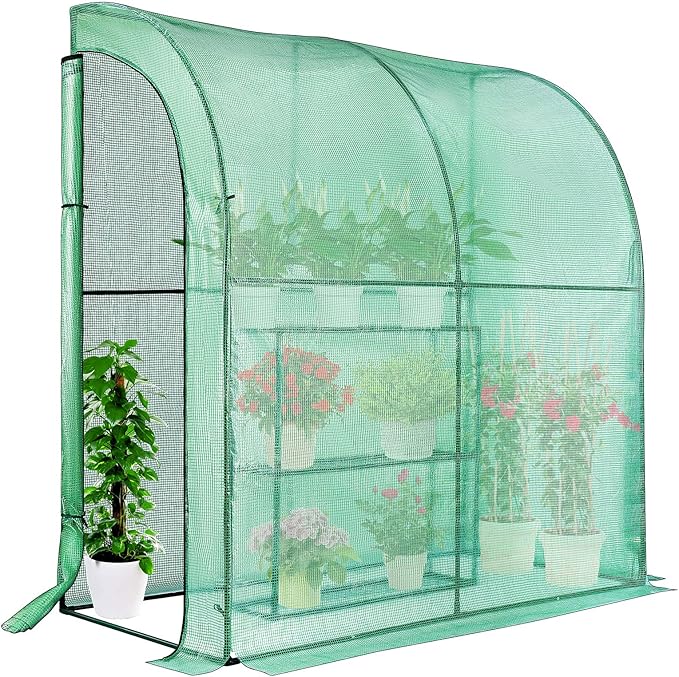 VIVOSUN Lean-to Greenhouse, 6.6’ x 3.3’ x 6.9’ Portable Wall House with Green PE Cover and Shelf for Compact Garden 79x39x83-Inch by VIVOSUN
