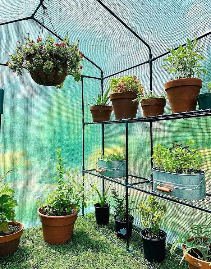 Ohuhu Greenhouse for Outdoors with Screen Windows, 57 x 57 x 76'' Walk in Plant Greenhouses Heavy Duty with Durable PE Cover, 3 Tiers 12 Shelves Stands Plastic Portable Green House with Shelf Clips - Image 8