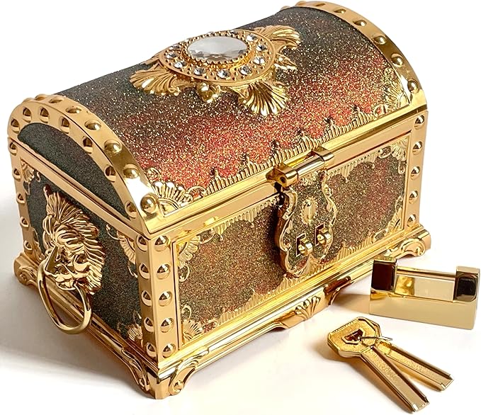 Retro Jewelry Box Arched Vintage Rectangular Metal Chest Necklace Ring Earrings Storage Case for Women Girls (Golden Starlight Red, L Lock) by Unknown