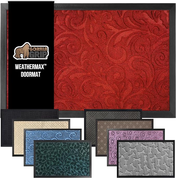GORILLA GRIP 100% Waterproof All-Season WeatherMax Doormat 35x23, US Designed Natural Rubber, Stain and Fade Resistant, Low Profile Indoor Outdoor Door Mats, Easy Clean Patio Mat, Red Vintage Wine by GorillaGrip