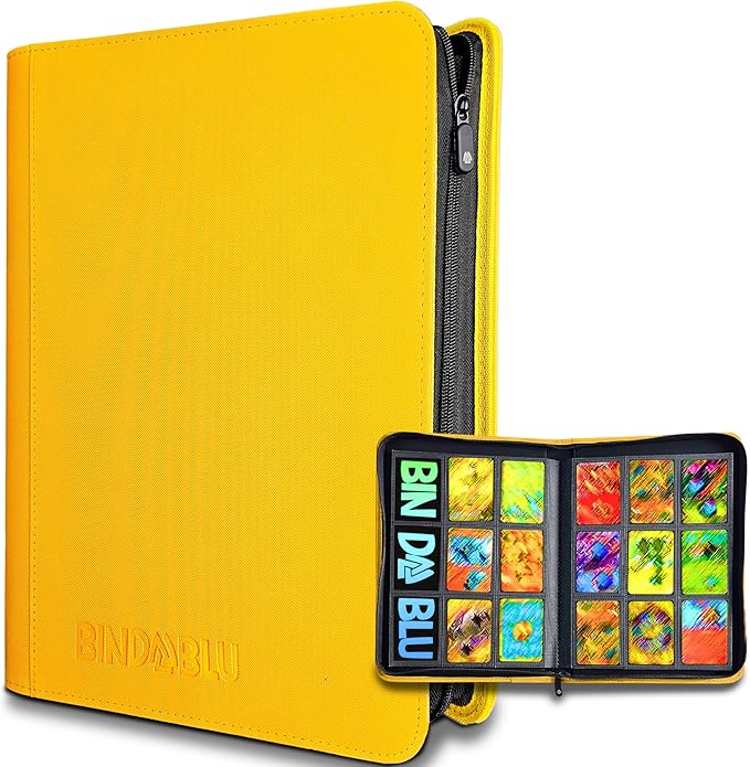 9 Pocket Trading Card Zip Binder - 360 Side Loading Pocket Binder for Colletible Games, Sport, TCG - Trading Card Binder - Gift Card holder for Boys and Girls - Yellow card binder by Bindablu