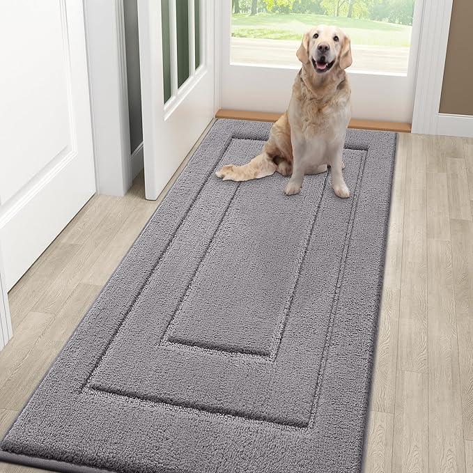 Smiry Dog Door Mat for Muddy Paws, Absorbs Moisture and Dirt, Low-Profile Entryway Mat with Non-Slip Backing, Entry Indoor Outdoor Doormat for Inside Floor (48x30 Inches, Grey, Bordered) by Smiry