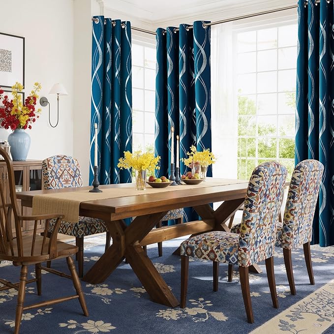 NICETOWN Moroccan Blue Blackout Curtains 84 inch Long for Living Room, Art Decor Scandinavian Style for Festival Wave Line Foil Print Design Drapes for Wall Cover, W52 x L84, 2 Panels - Image 2