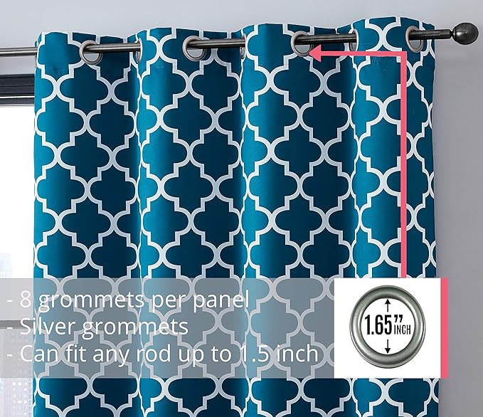HLC.ME Lattice Print Decorative 96 Inch Blackout Curtains - Thermal Energy Smart Room Darkening Grommet Window Treatment Drapery for Master Bedroom - Dark Teal Blue - 52 W x 96 L - Pair - Image 2