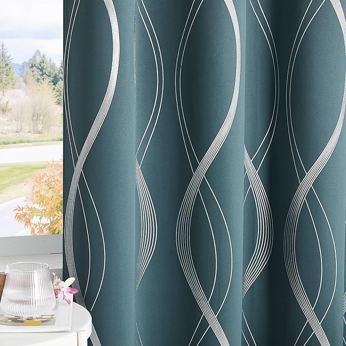 NICETOWN 100% Blackout Curtains Panels for Living Room, Greyish Blue, 52" Wide x 63" Long, 2 Panels, Sound Reducing Thermal Insulated Wave Line Foil Print Design Curtains for Patio Sliding Glass Door - Image 6