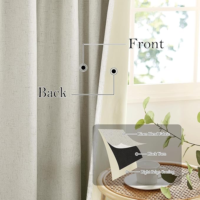 RYB HOME Beige Blackout Curtains 90 inches Long 2 Panels Set, Thermal Insulated Total Light Blocking Noise Reducing Neutral Linen Drapes for Living Room Nursery Office, 52" W x 90" L - Image 3
